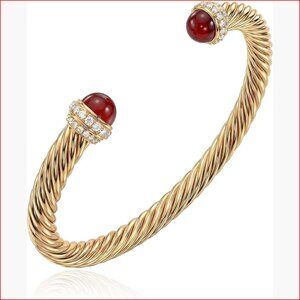 14K Gold Plated Adjustable Open Cuff Bangle Bracelets with Twisted Cable Design